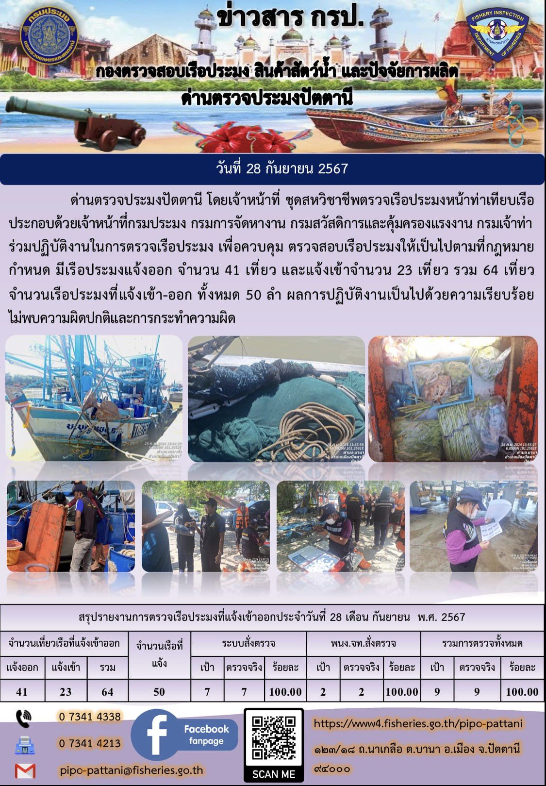 ข่าวสารการปฏิบัติงาน ด่านตรวจประมงปัตตานี วันที่ 28 กันยายน 2567