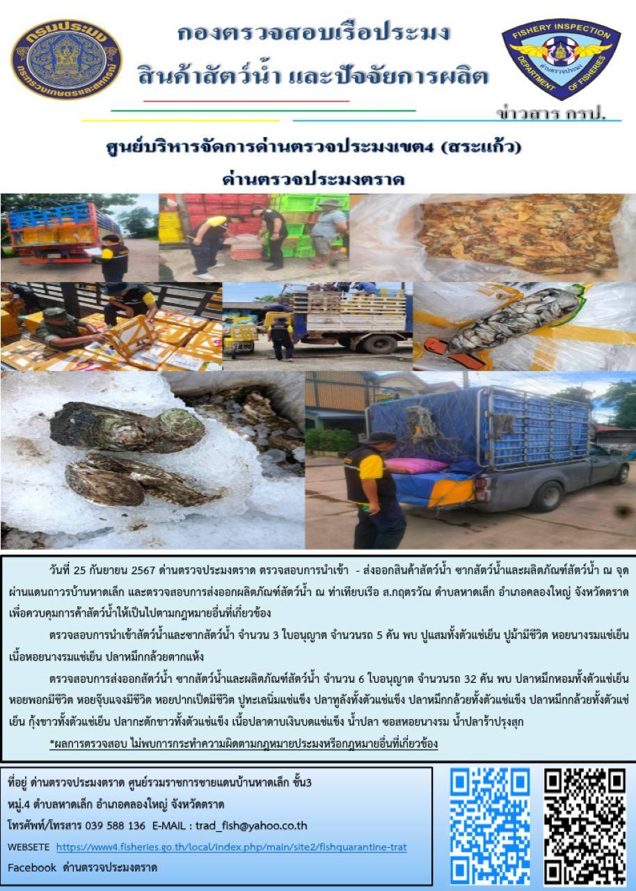ผลการปฏิบัติงานของด่านตรวจประมงตราด ประจำวันที่ 25 กันยายน 2567..คลิก