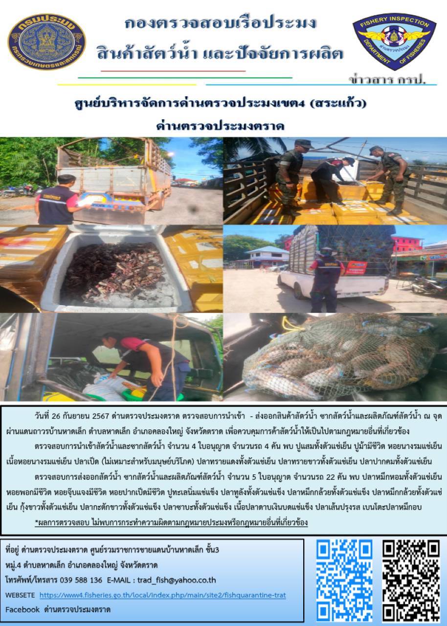 ผลการปฏิบัติงานของด่านตรวจประมงตราด ประจำวันที่ 26 กันยายน 2567..คลิก