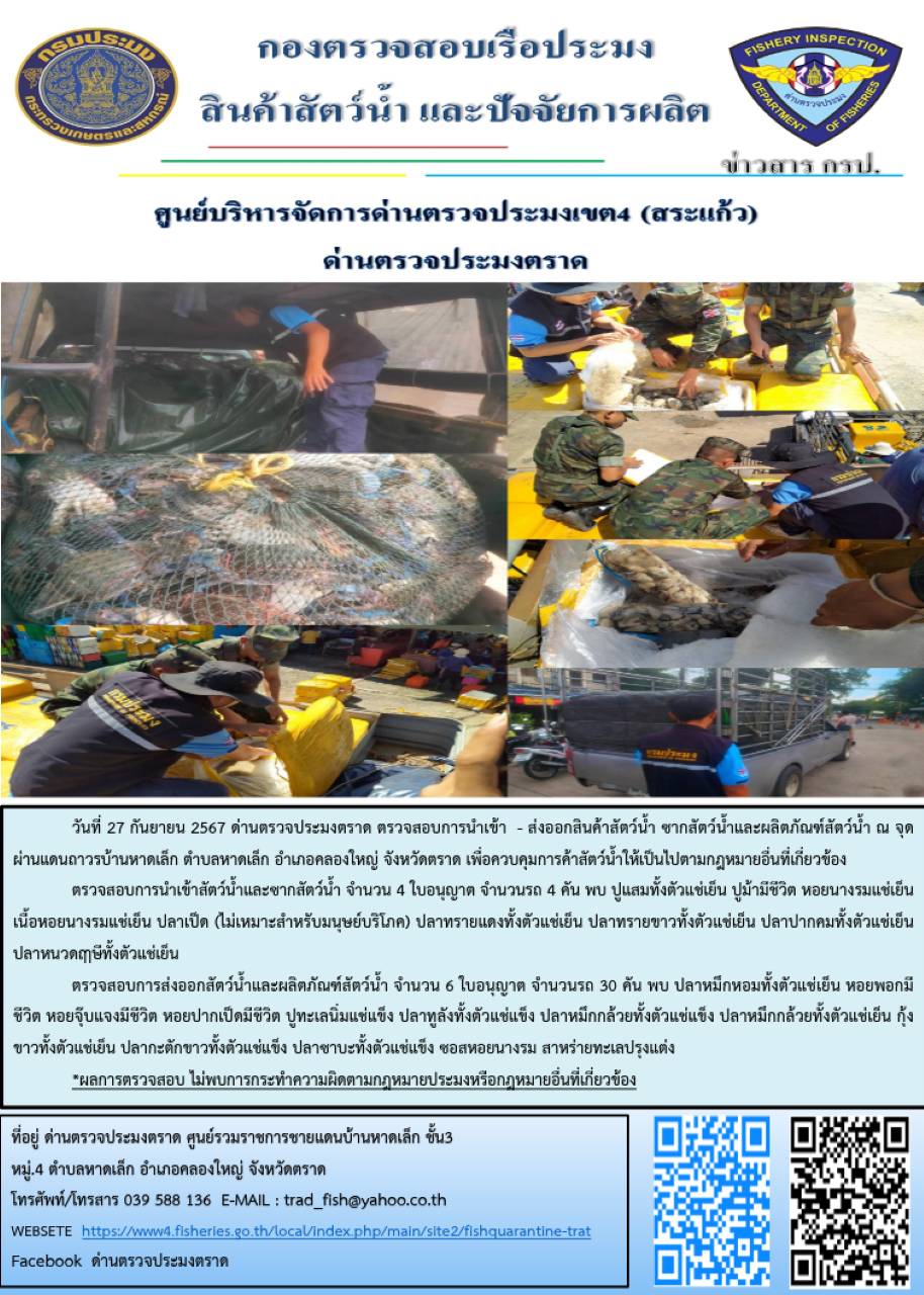 ผลการปฏิบัติงานของด่านตรวจประมงตราด ประจำวันที่ 27 กันยายน 2567..คลิก