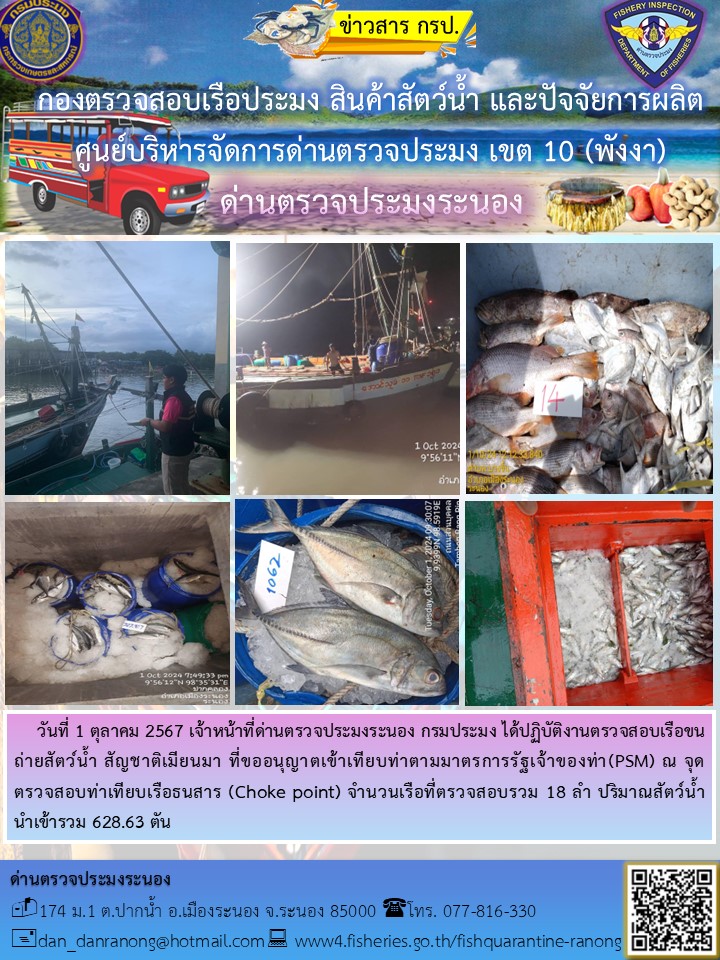 รายงานผลการตรวจเรือขนถ่ายสัตว์น้ำจากประเทศเมียนมาร์..คลิก