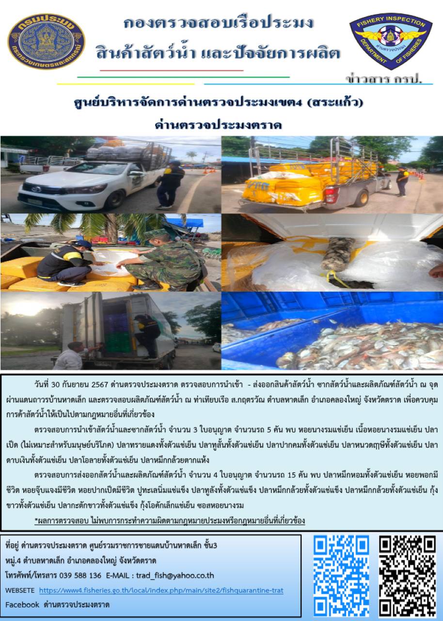 ผลการปฎิบัติงานของด่านตรวจประมงตราด ประจำวันที่ 30 กันยายน 2567..คลิก