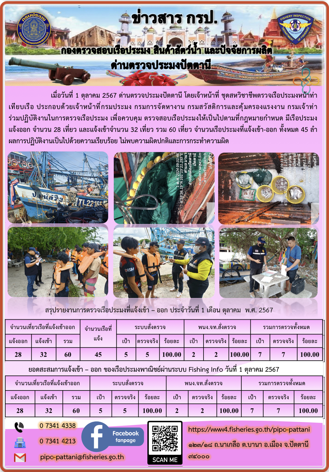 ข่าวสารการปฏิบัติงาน ด่านตรวจประมงปัตตานี วันที่ 1 ตุลาคม 2567..คลิก
