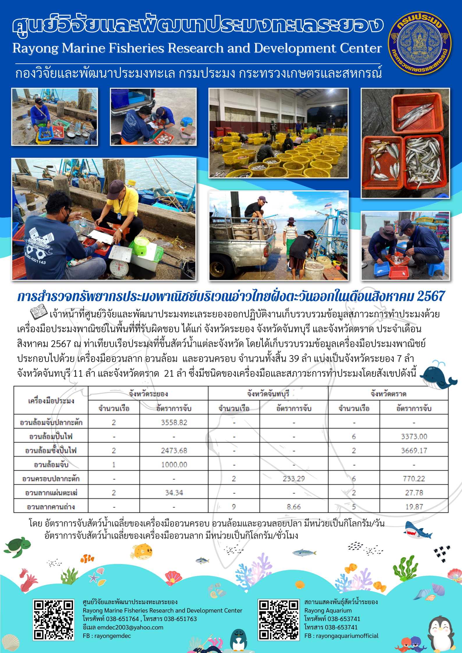 การสำรวจทรัพยากรประมงพาณิชย์บริเวณอ่าวไทยฝั่งตะวันออกในเดือนสิงหาคม 2567