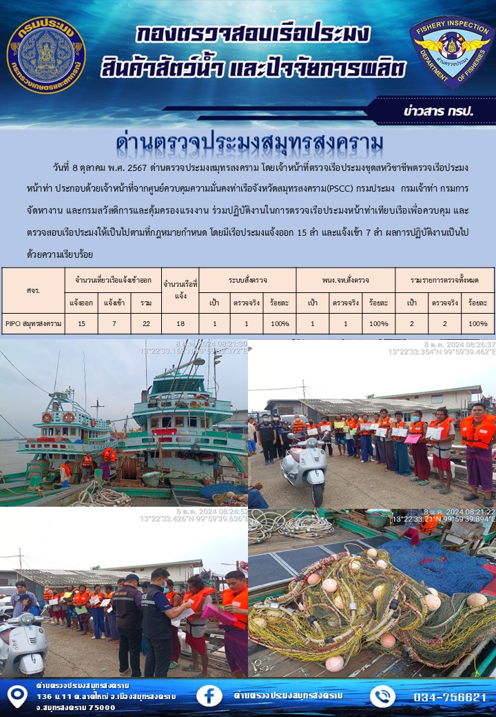 สถิติการแจ้งเข้า - ออกเรือประมงพาณิชย์ ด่านตรวจประมงสมุทรสงคราม ประจำวันที่ 8 ตุลาคม 2567..คลิก
