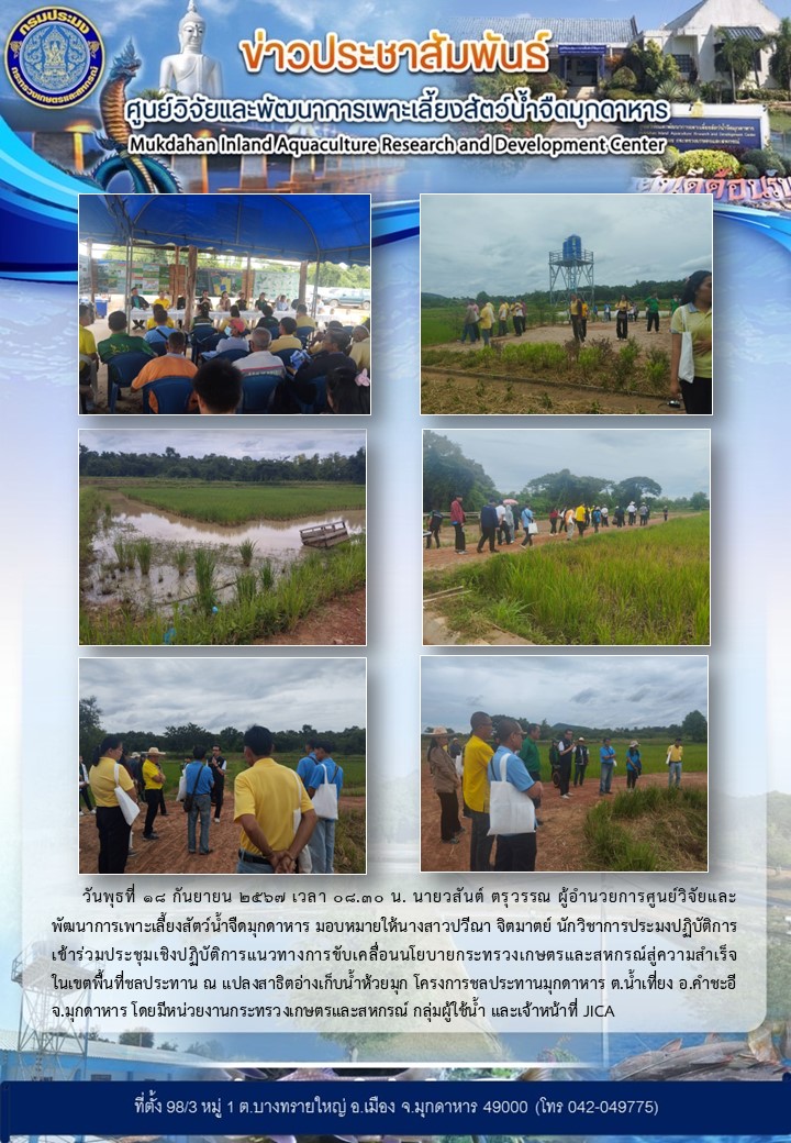 วันพุธที่ 18 กันยายน 2567 เวลา 08.30 น. นายวสันต์ ตรุวรรณ ผู้อำนวยการศูนย์วิจัยและพัฒนาการเพาะเลี้ยงสัตว์น้ำจืดมุกดาหาร มอบหมายให้นางสาวปวีณา จิตมาตย์ นักวิชาการประมงปฏิบัติการ เข้าร่วมประชุมเชิงปฏิบัติการแนวทางการขับเคลื่อนนโยบายกระทรวงเกษตรและสหกรณ์สู่ความสำเร็จในเขตพื้นที่ชลประทาน ณ แปลงสาธิตอ่างเก็บน้ำห้วยมุก โครงการชลประทานมุกดาหาร ต.น้ำเที่ยง อ.คำชะอี จ.มุกดาหาร โดยมีหน่วยงานกระทรวงเกษตรและสหกรณ์ กลุ่มผู้ใช้น้ำ และเจ้าหน้าที่ JICA..คลิก