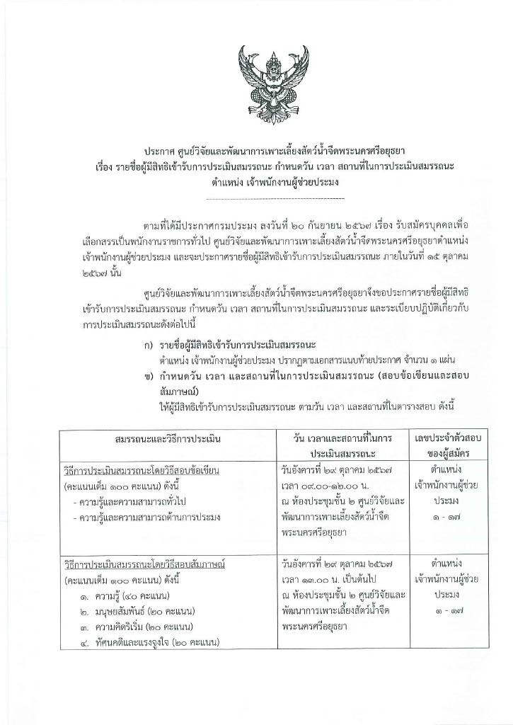 ประกาศรายชื่อผู้สมัครเข้ารับการประเมินสมรรถนะพนักงานราชการทั่วไป ตำแหน่ง เจ้าพนักงานผู้ช่วยประมง ศูนย์วิจัยและพัฒนาการเพาะเลี้ยงสัตว์น้ำจืดพระนครศรีอยุธยา..คลิก