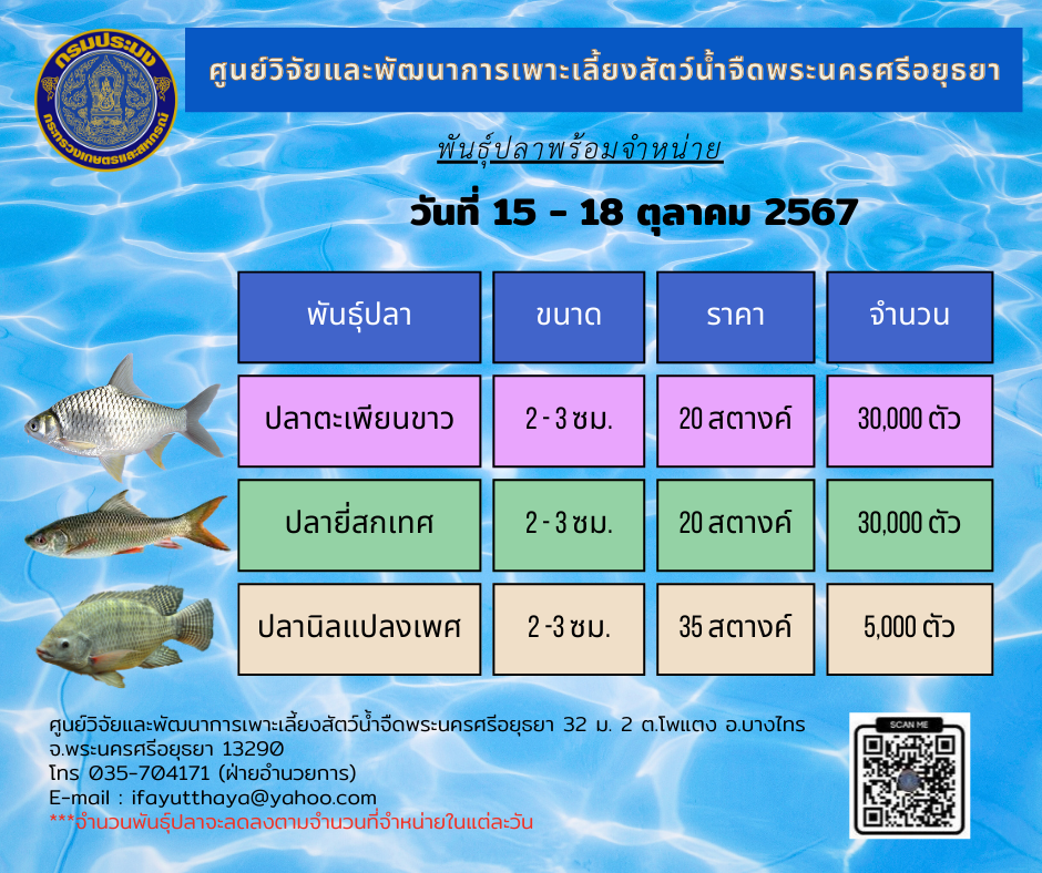 ชนิดพันธ์ุสัตว์น้ำพร้อมจำหน่าย  15 - 18 ตุลาคม 2567 ศพจ.พระนครศรีอยุธยา..คลิก