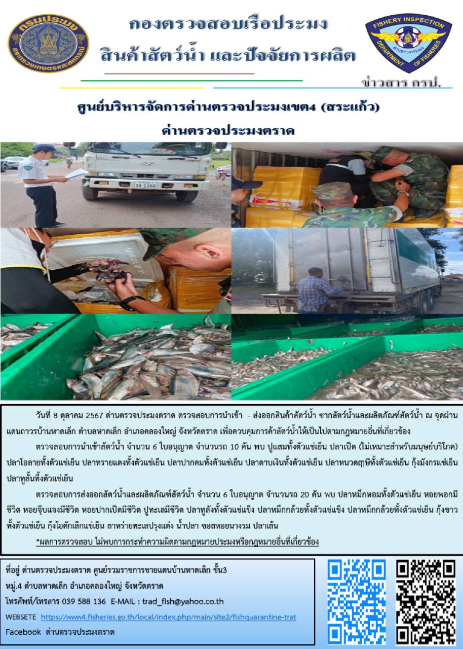 ผลการปฏิบัติงานของด่านตรวจประมงตราด ประจำวันที่ 8 ตุลาคม 2567..คลิก