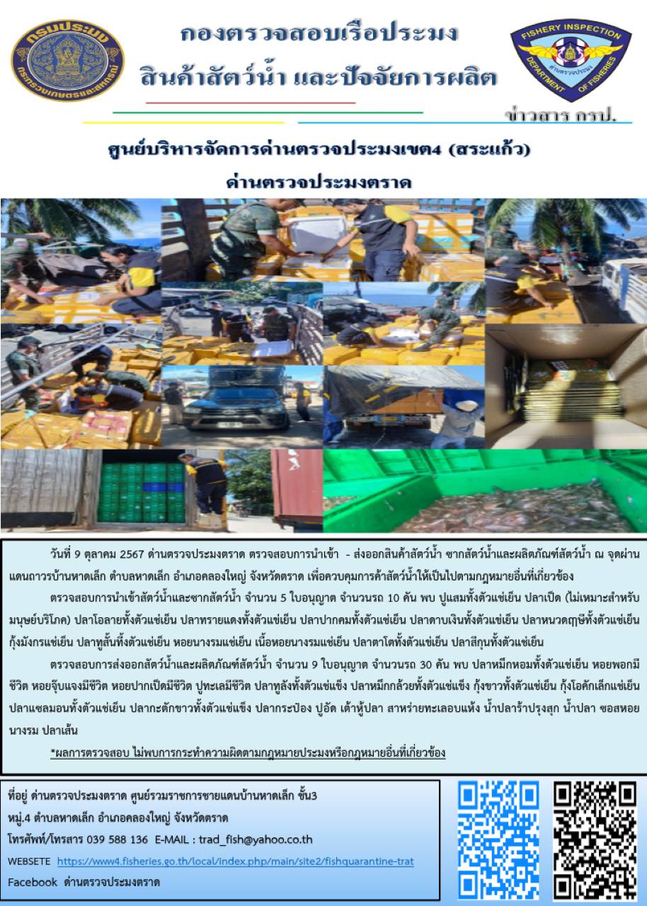 ผลการปฏิบัติงานของด่านตรวจประมงตราด ประจำวันที่ 9 ตุลาคม 2567..คลิก