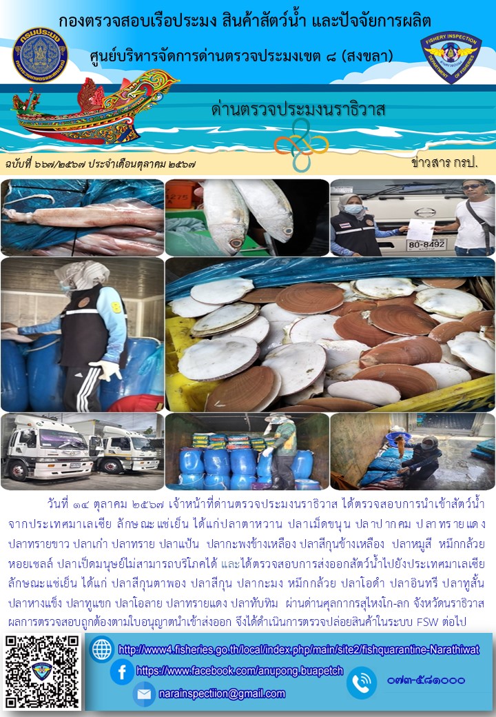 ประชาสัมพันธ์ด่านตรวจประมงนราธิวาส ประจำวันที่ 14 ตุลาคม 2567..คลิก