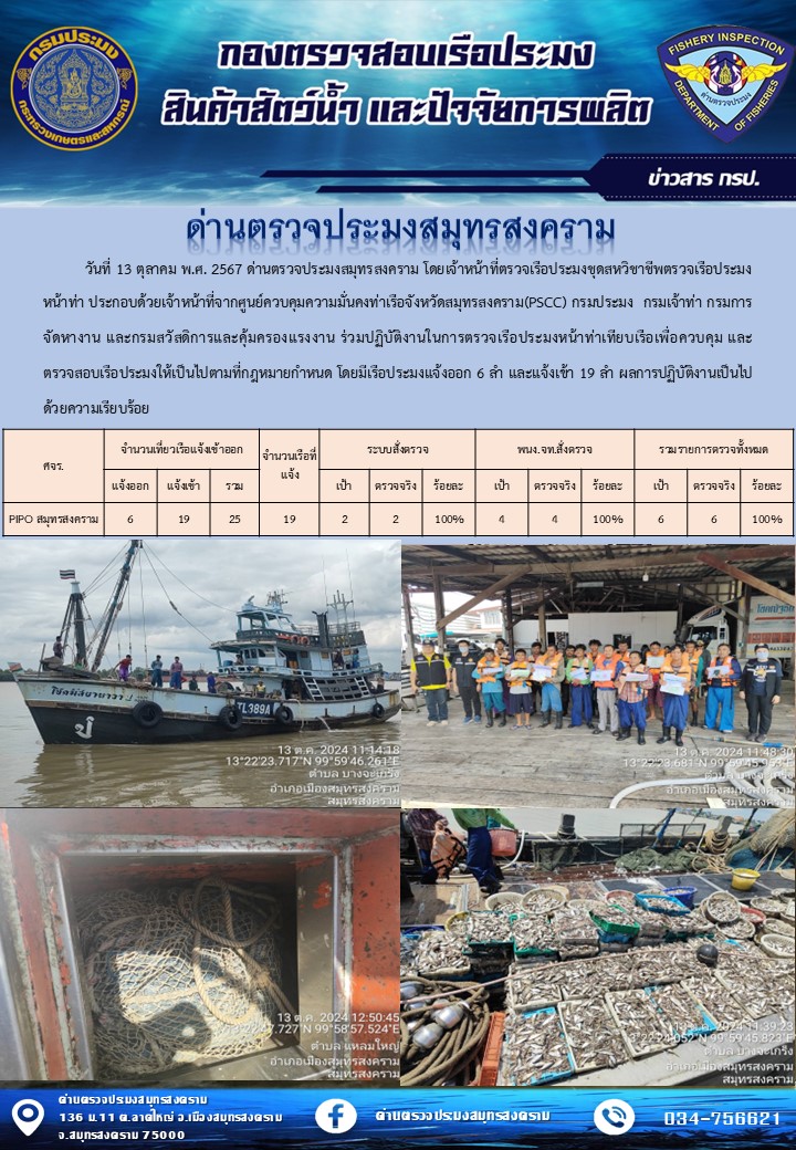 สถิติการแจ้งเข้า - ออกเรือประมงพาณิชย์ ด่านตรวจประมงสมุทรสงคราม ประจำวันที่ 13 ตุลาคม 2567..คลิก