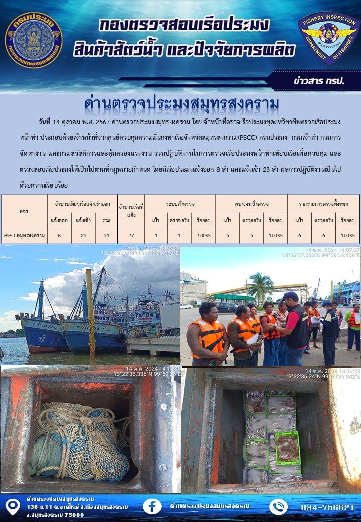 สถิติการแจ้งเข้า - ออกเรือประมงพาณิชย์ ด่านตรวจประมงสมุทรสงคราม ประจำวันที่ 14 ตุลาคม 2567..คลิก