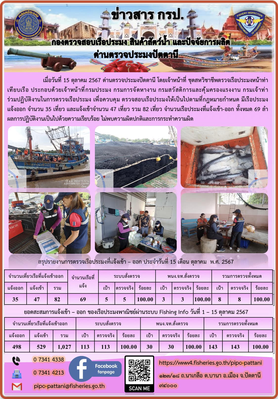 ข่าวสารการปฏิบัติงาน ด่านตรวจประมงปัตตานี วันที่ 15 ตุลาคม 2567..คลิก