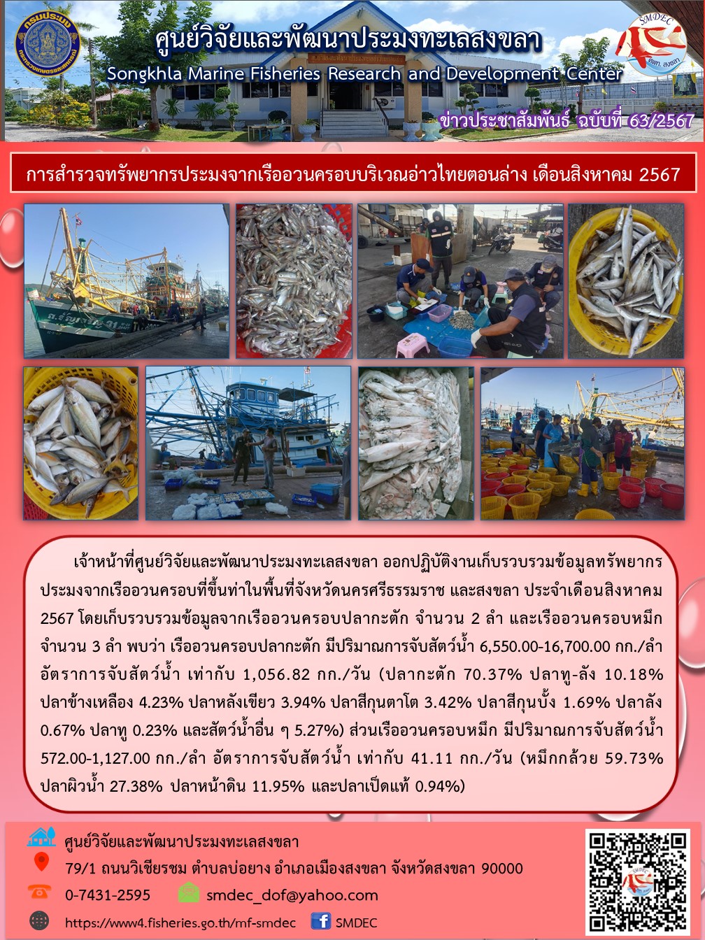 เจ้าหน้าที่ศูนย์วิจัยและพัฒนาประมงทะเลสงขลา ออกปฏิบัติงานเก็บรวบรวมข้อมูลทรัพยากรประมงจากเรืออวนครอบที่ขึ้นท่าในพื้นที่จังหวัดนครศรีธรรมราช และสงขลา ประจำเดือนสิงหาคม 2567 โดยเก็บรวบรวมข้อมูลจากเรืออวนครอบปลากะตัก จำนวน 2 ลำ และเรืออวนครอบหมึก จำนวน 3 ลำ..คลิก