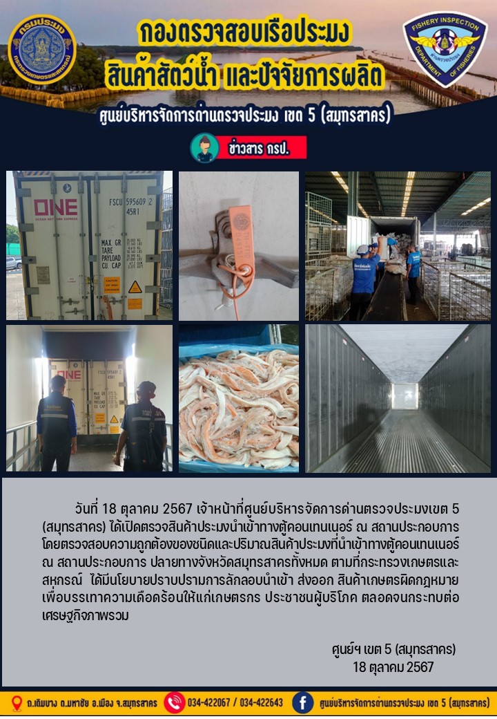 วันที่ 18 ตุลาคม 2567 เจ้าหน้าที่ศูนย์บริหารจัดการด่านตรวจประมงเขต5 (สมุทรสาคร) ได้เปิดตรวจสินค้าประมงนำเข้าทางตู้คอนเทนเนอร์ ณ สถานประกอบการ..คลิก