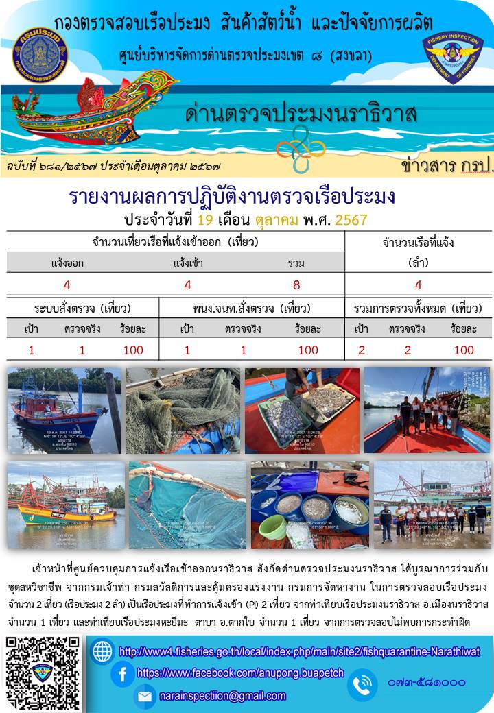ประชาสัมพันธ์ด่านตรวจประมงนราธิวาส ประจำวันที่ 19 ตุลาคม 2567..คลิก