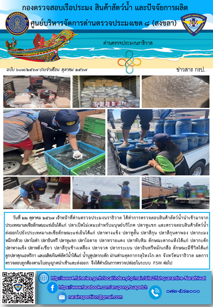 ประชาสัมพันธ์ด่านตรวจประมงนราธิวาส ประจำวันที่ 22 ตุลาคม 2567..คลิก