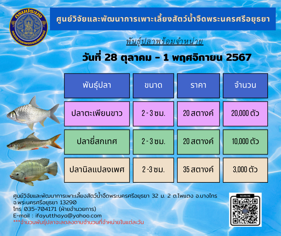 ชนิดพันธุ์สัตว์น้ำพร้อมจำหน่าย 28 ตุลาคม - 1 พฤศจิกายน 2567 ศพจ.พระนครศรีอยุธยา