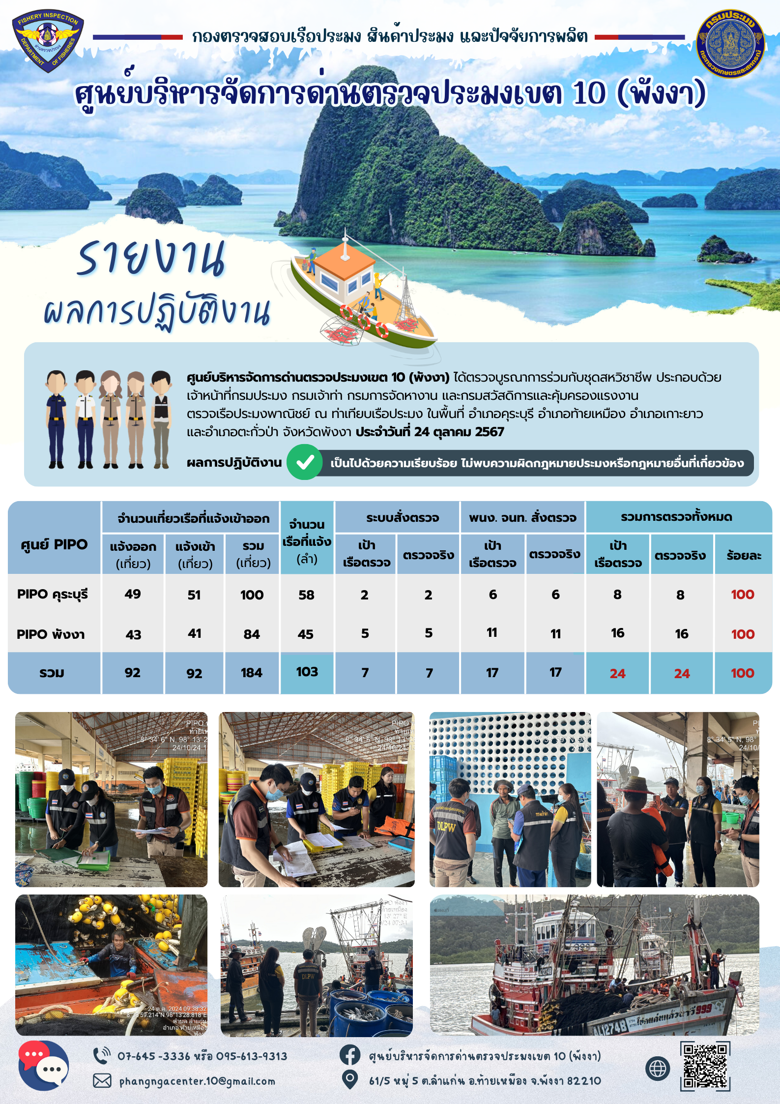 ข่าวประชาสัมพันธ์กิจกรรมการตรวจเรือประมงพาณิชย์แจ้งเข้า - ออก วันที่ 24 ตุลาคม 2567..คลิก