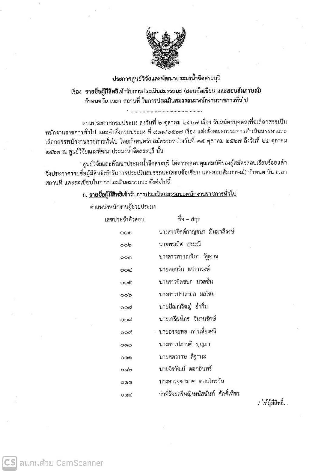 ประกาศศูนย์วิจัยและพัฒนาประมงน้ำจืดสระบุรี เรื่อง รายชื่อผู้มีสิทธิเข้ารับการประเมินสมรรถนะ (สอบข้อเขียนและสอบสัมภาษณ์)..คลิก