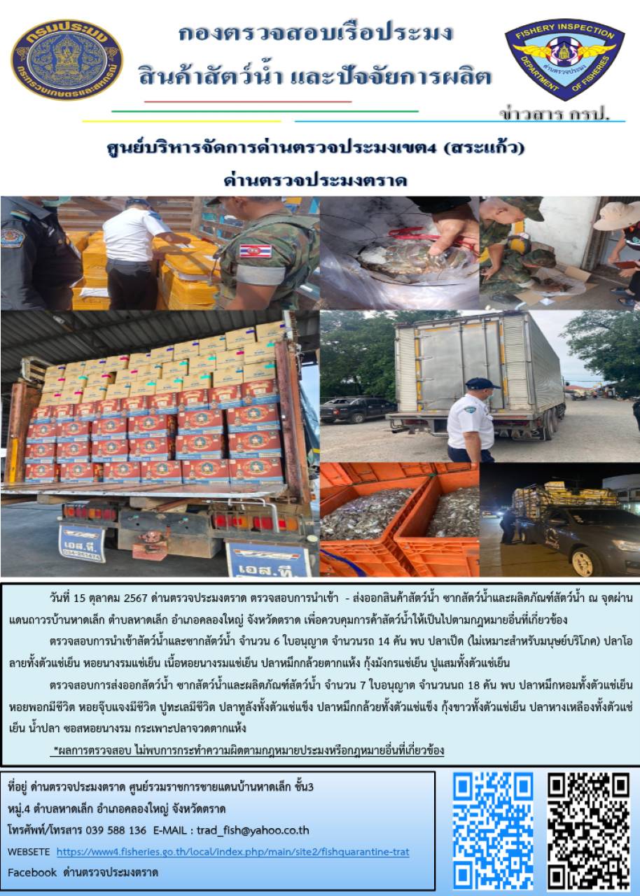 ผลการปฏิบัติงานของด่านตรวจประมงตราด ประจำวันที่ 15 ตุลาคม 2567..คลิก