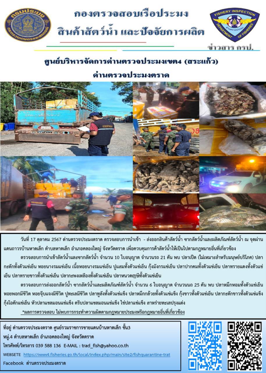 ผลการปฏิบัติงานของด่านตรวจประมงตราด ประจำวันที่ 17 ตุลาคม 2567..คลิก