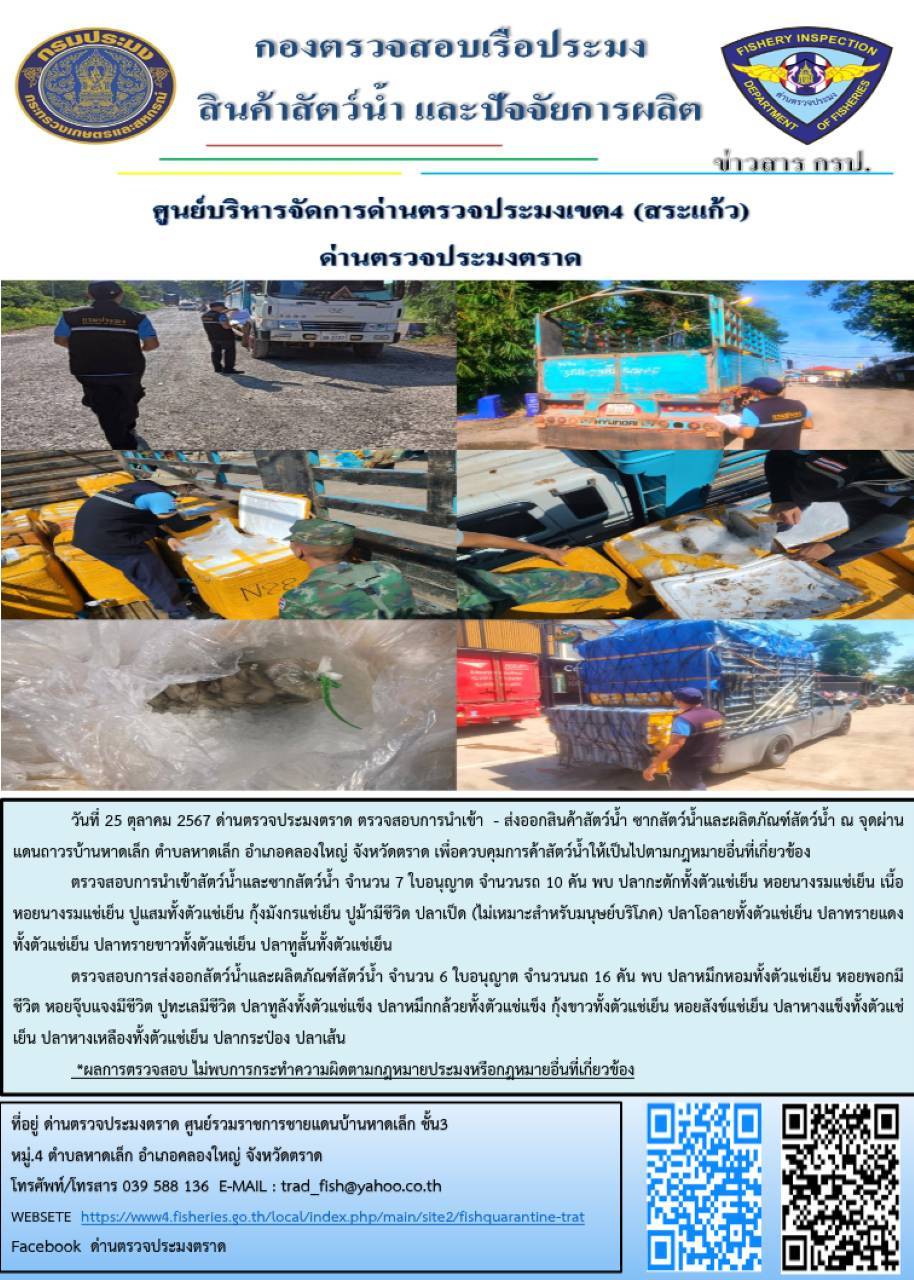 ผลการปฏิบัติงานของด่านตรวจประมงตราด ประจำวันที่ 25 ตุลาคม 2567..คลิก