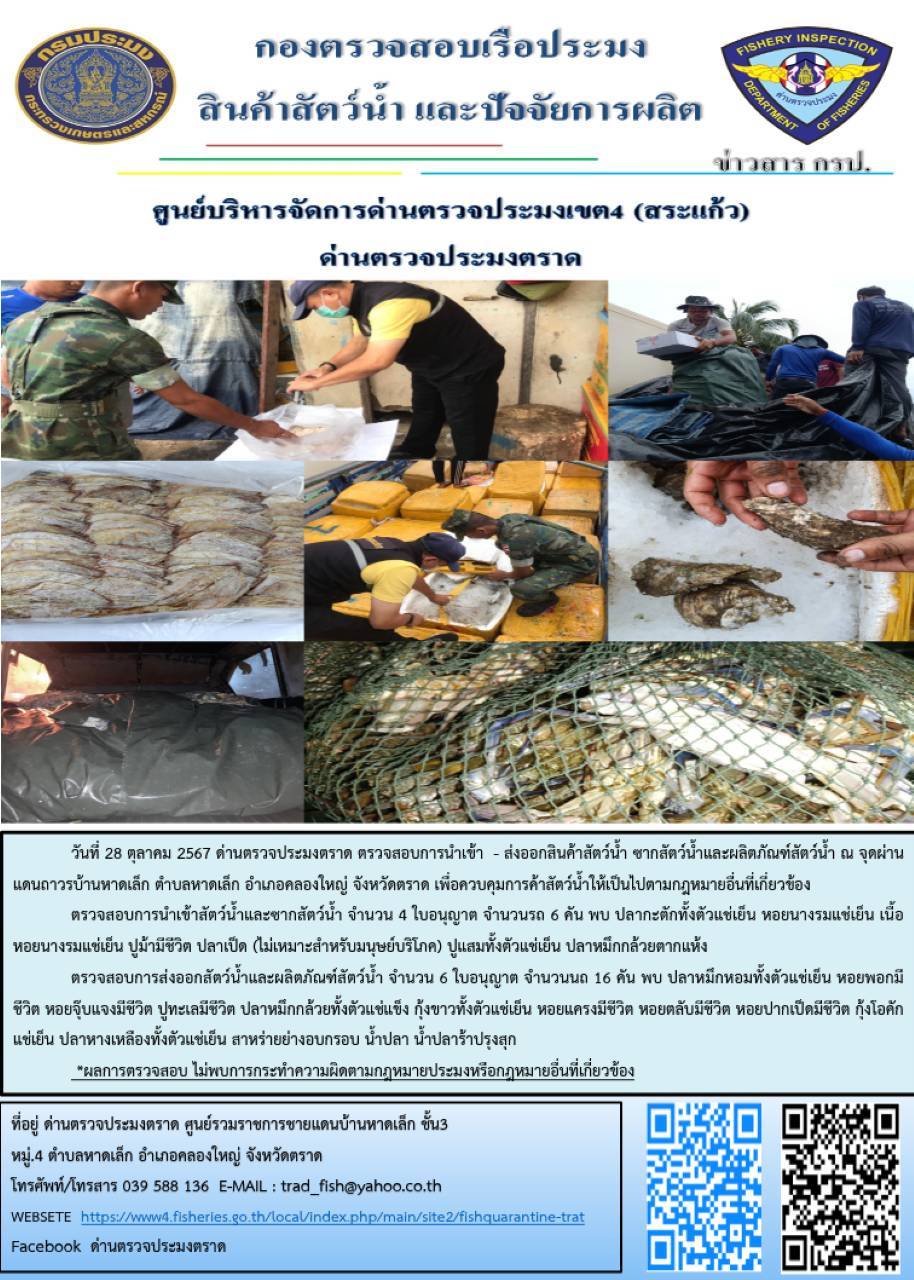 ผลการปฏิบัติงานของด่านตรวจประมงตราด ประจำวันที่ 28 ตุลาคม 2567..คลิก