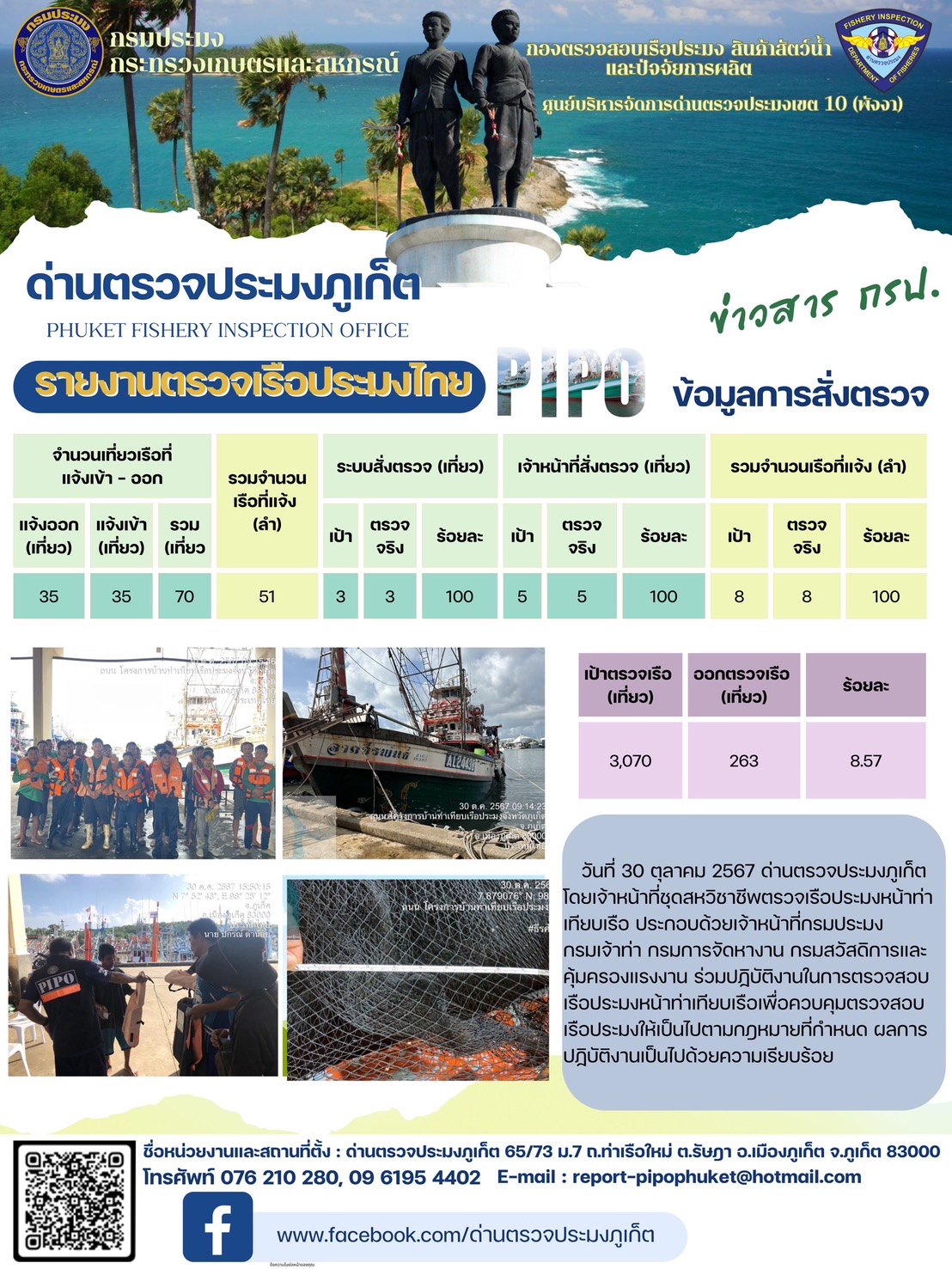 ข่าวประชาสัมพันธ์กิจกรรมการตรวจเรือประมงพาณิชย์แจ้งเข้า - ออก วันที่ 30 ตุลาคม 2567..คลิก