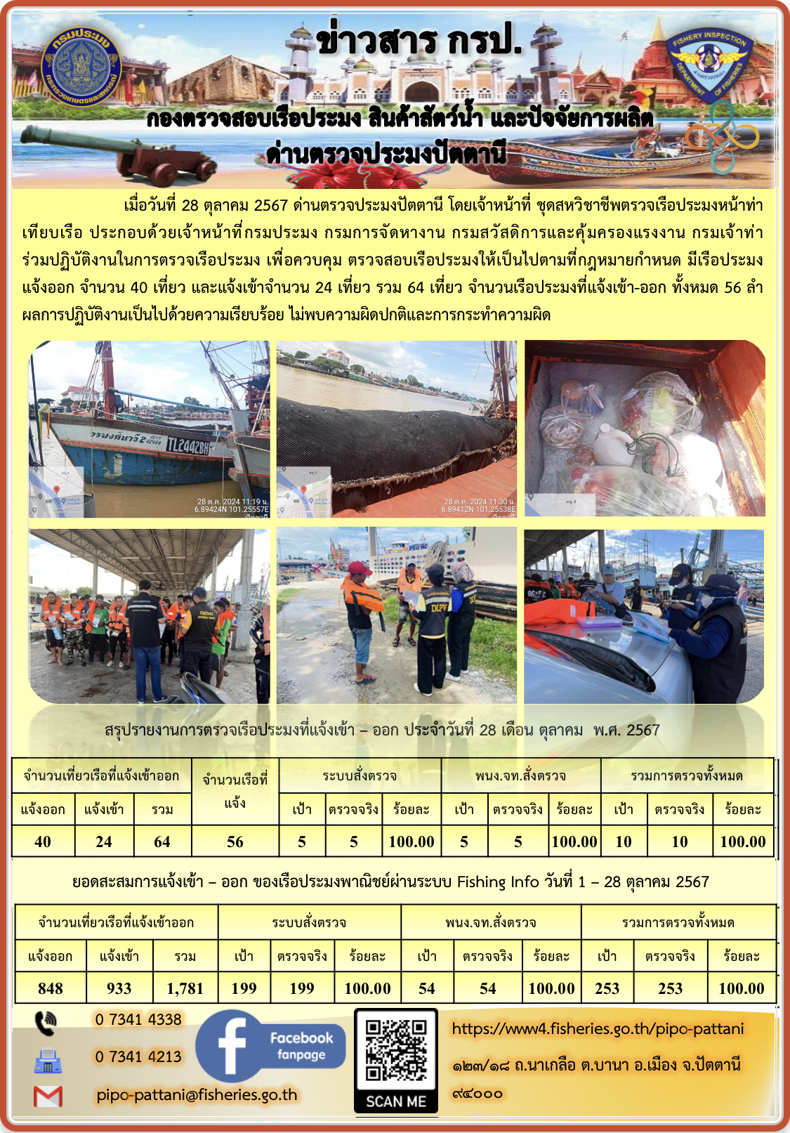 ข่าวสารการปฏิบัติงาน ด่านตรวจประมงปัตตานี วันที่ 28 ตุลาคม 2567