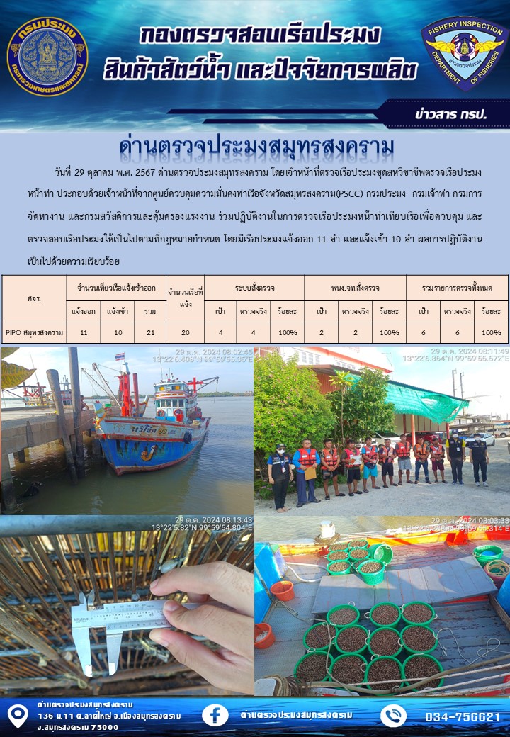 สถิติการแจ้งเข้า - ออกเรือประมงพาณิชย์ ด่านตรวจประมงสมุทรสงคราม ประจำวันที่ 29 ตุลาคม 2567..คลิก