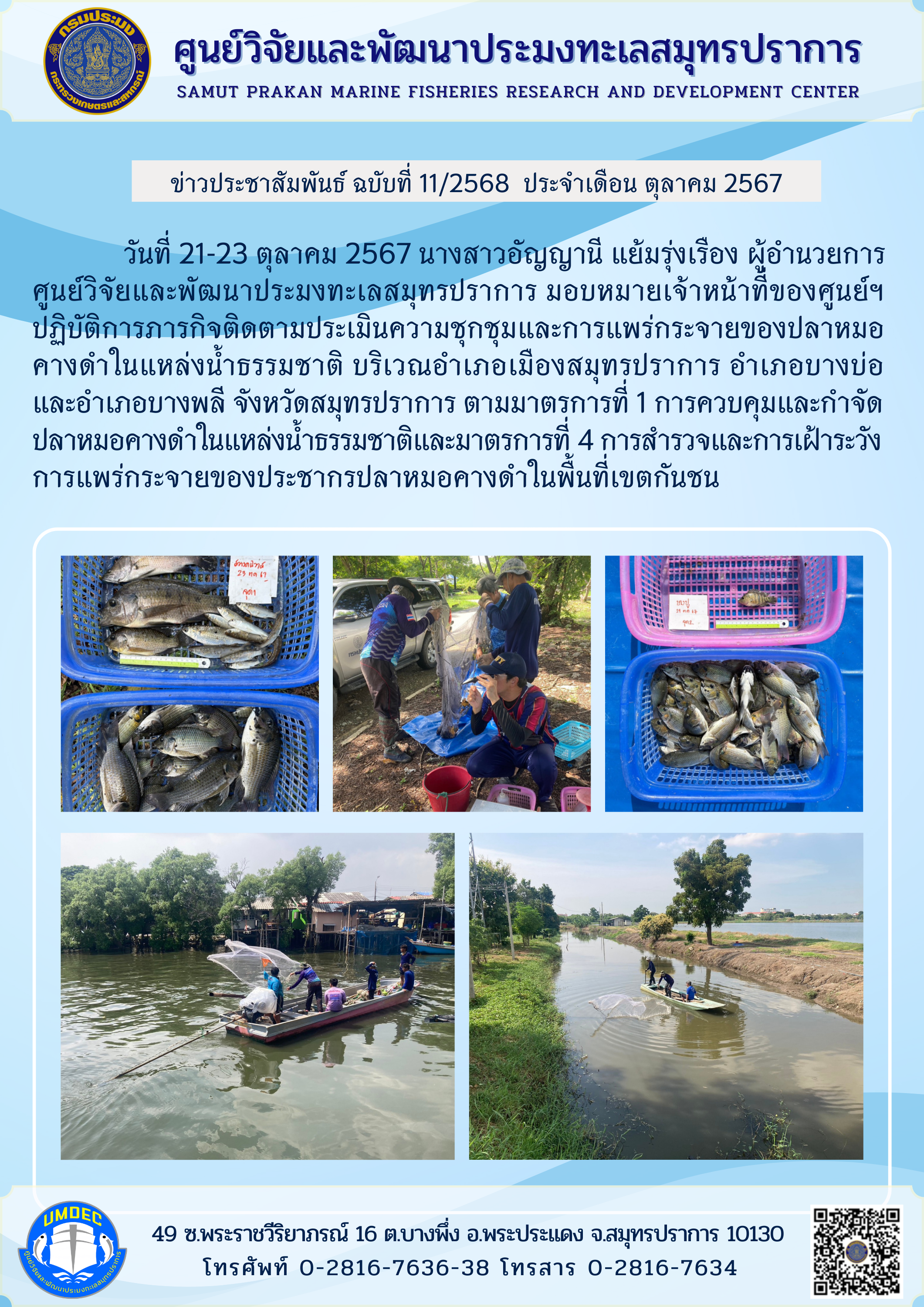 วันที่ 21-23 ตุลาคม 2567 นางสาวอัญญานี แย้มรุ่งเรือง ผู้อำนวยการ ศูนย์วิจัยและพัฒนาประมงทะเลสมุทรปราการ มอบหมายเจ้าหน้าที่ของศูนย์ฯปฏิบัติการภารกิจติดตามประเมินความชุกชุมและการแพร่กระจายของปลาหมอคางดำในแหล่งน้ำธรรมชาติ บริเวณอำเภอเมืองสมุทรปราการ อำเภอบางบ่อและอำเภอบางพลี จังหวัดสมุทรปราการ ฯลฯ..คลิก