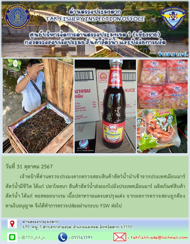 วันที่ 31 ตุลาคม 2567           เจ้าหน้าที่ด่านตรวจประมงตากตรวจสอบสินค้าสัตว์น้ำนำเข้าจากประเทศเมียนมาร์ สัตว์น้ำมีชีวิต ได้แก่ ปลาไหลนา สินค้าสัตว์น้ำส่งออกไปยังประเทศเมียนมาร์ ผลิตภัณฑ์สินค้าสัตว์น้ำ ได้แก่ ซอสหอยนางรม เนื้อปลาทรายแดงบดปรุงแต่ง จากผลการตรวจสอบถูกต้องตามใบอนุญาต จึงได้ทำการตรวจปล่อยผ่านระบบ FSW ต่อไป..คลิก