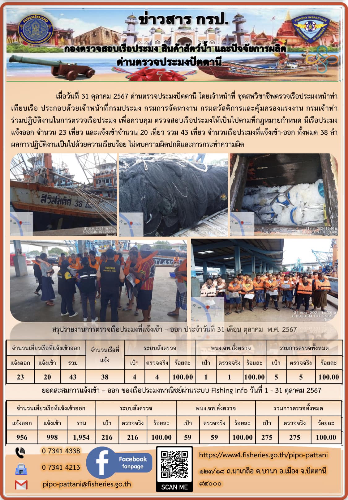 ข่าวสารการปฏิบัติงาน ด่านตรวจประมงปัตตานี วันที่ 31 ตุลาคม 2567
