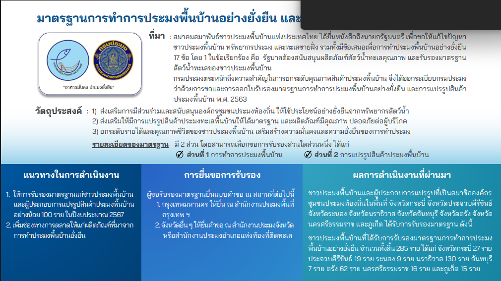 ข้อมูลทะเบียนการรับรองมาตราฐานการทำประมงพื้นบ้านอย่างยั่งยืน