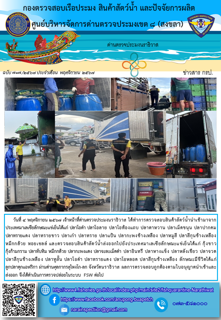 ประชาสัมพันธ์ด่านตรวจประมงนราธิวาส ประจำวันที่ 4 พฤศจิกายน 2567..คลิก