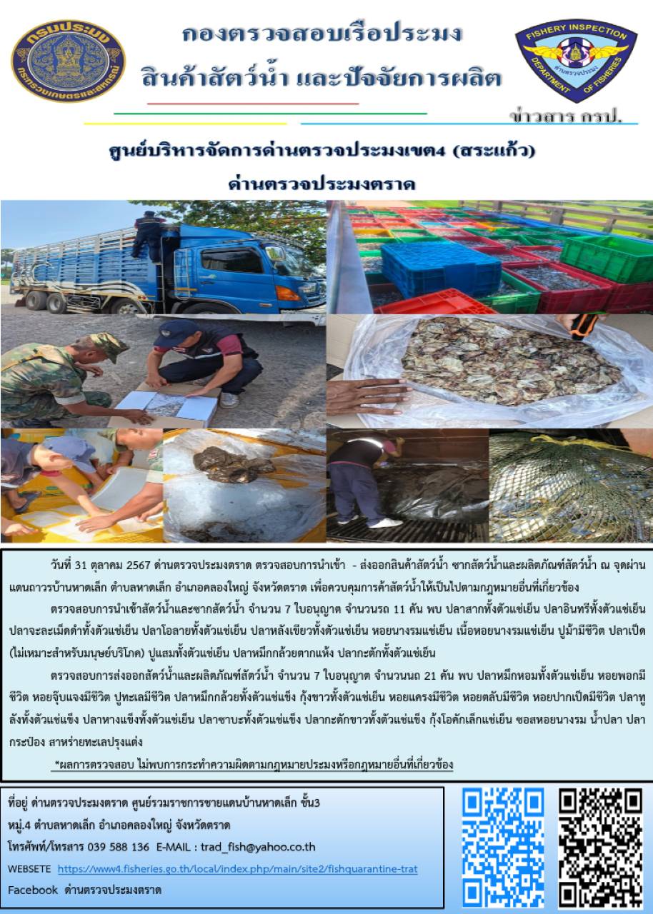 ผลการปฏิบัติงานของด่านตรวจประมงตราด ประจำวันที่ 31 ตุลาคม 2567..คลิก