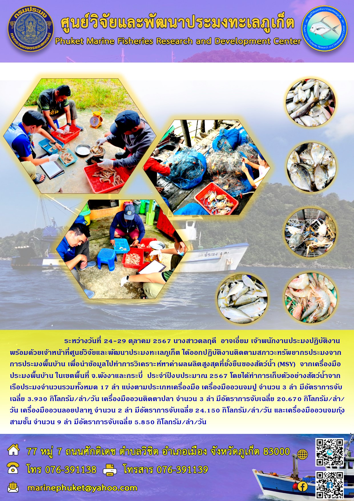 ระหว่างวันที่ 24-29 ตุลาคม 2567 เจ้าหน้าที่ศูนย์วิจัยและพัฒนาประมงทะเลภูเก็ต ได้ออกปฏิบัติงานติดตามสภาวะทรัพยากรประมงจากการประมงพื้นบ้าน ในเขตพื้นที่ จ.พังงาและกระบี่ 
