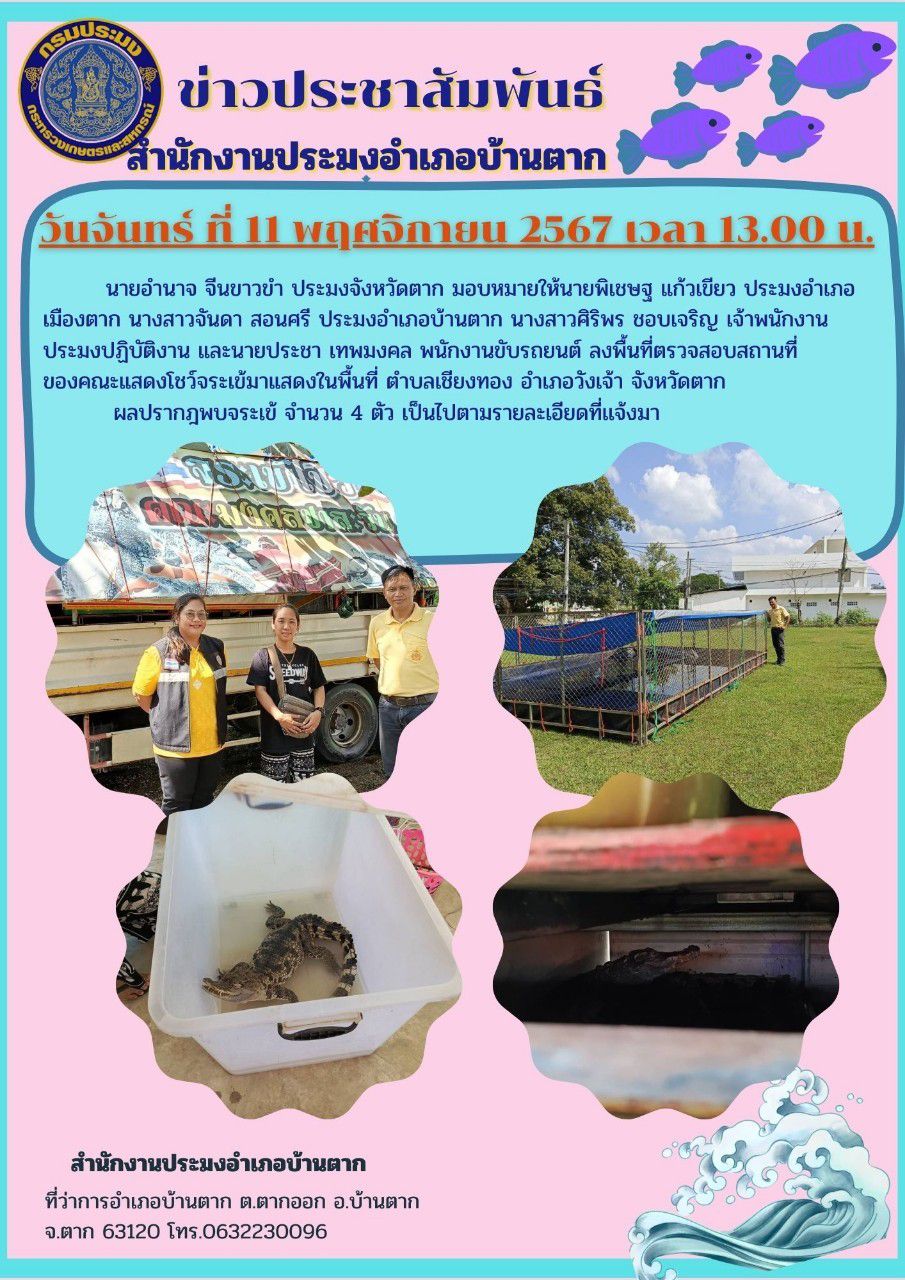 ลงพื้นที่ตรวจสอบสถานที่ของคณะแสดงโชว์จระเข้ ในพี่ที่ตำบลเชียงทอง อำเภอวังเจ้า จังหวัดตาก..คลิก