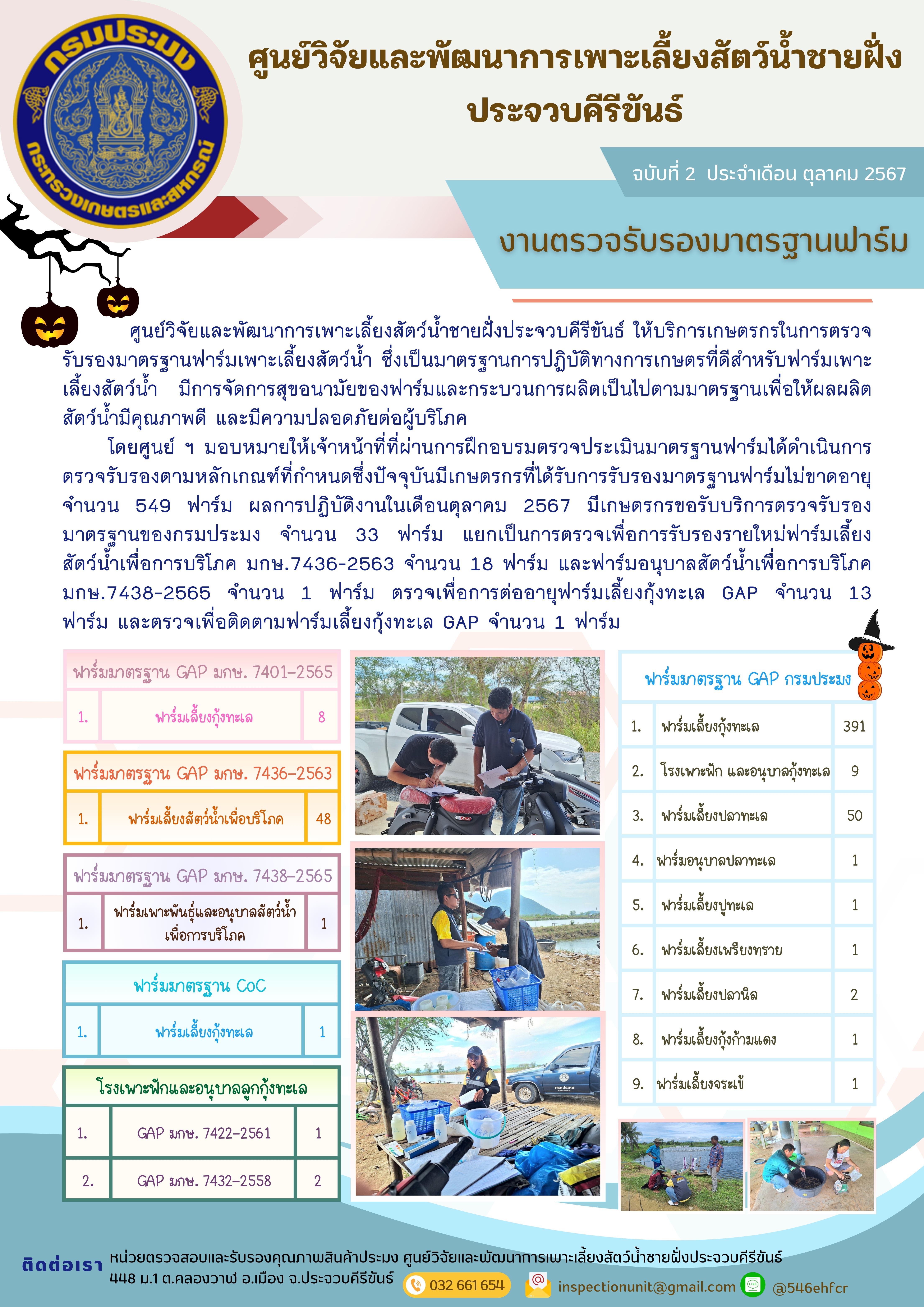ฉบับที่ 2/2568 การให้บริการเกษตรกรในการตรวจรับรองมาตรฐานฟาร์มเพาะเลี้ยงสัตว์น้ำ ประจำเดือน ตุลาคม 2567