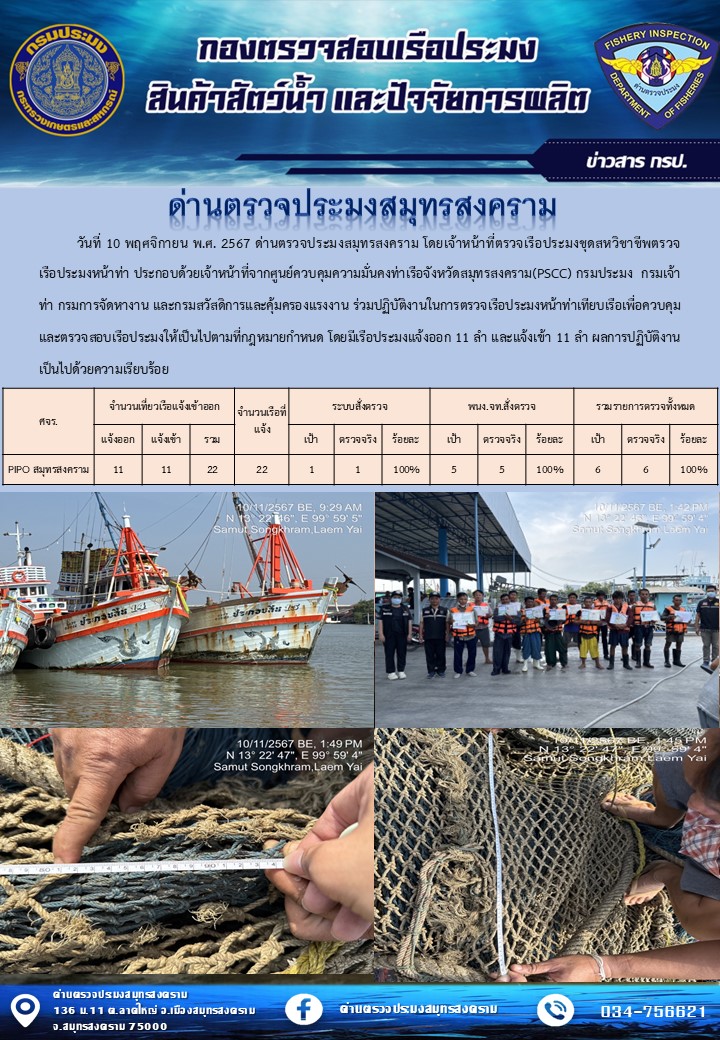 สถิติการแจ้งเข้า - ออกเรือประมงพาณิชย์ ด่านตรวจประมงสมุทรสงคราม ประจำวันที่ 10 พฤศจิกายน 2567..คลิก