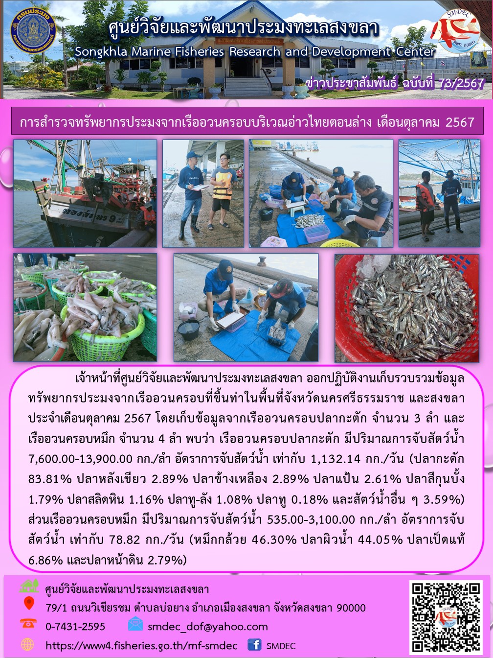 เจ้าหน้าที่ศูนย์วิจัยและพัฒนาประมงทะเลสงขลา ออกปฏิบัติงานเก็บรวบรวมข้อมูลทรัพยากรประมงจากเรืออวนครอบที่ขึ้นท่าในพื้นที่จังหวัดนครศรีธรรมราช และสงขลาประจำเดือนตุลาคม 2567 โดยเก็บข้อมูลจากเรืออวนครอบปลากะตัก จำนวน 3 ลำ และเรืออวนครอบหมึก จำนวน 4 ลำ พบว่า เรืออวนครอบปลากะตัก มีปริมาณการจับสัตว์น้ำ 7,600.00-13,900.00 กก./ลำ ฯลฯ..คลิก