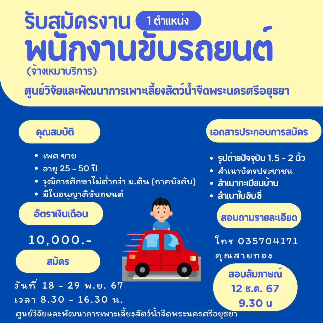 ประกาศ เปิดรับสมัครพนักงานขับรถยนต์ (จ้างเหมาบริการ)..คลิก