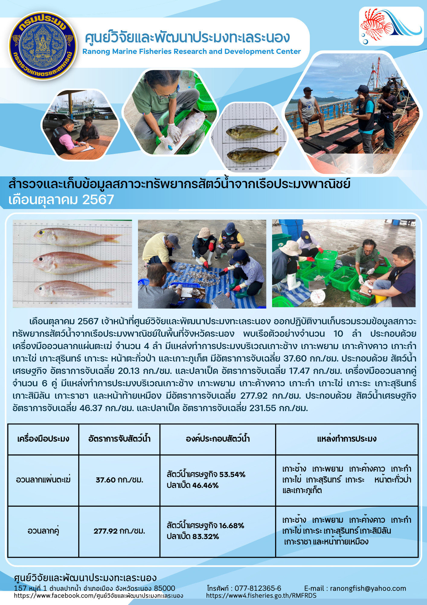 เดือนตุลาคม 2567 เจ้าหน้าที่ศูนย์วิจัยและพัฒนาประมงทะเลระนอง ออกปฏิบัติงานเก็บรวมรวมข้อมูลสภาวะทรัพยากรสัตว์น้ำจากเรือประมงพาณิชย์ในพื้นที่จังหวัดระนอง