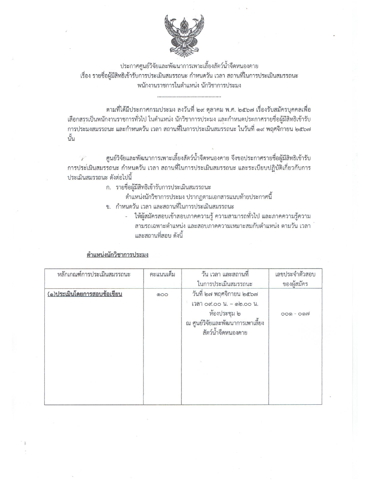 ประกาศศูนย์วิจัยและพัฒนาการเพาะเลี้ยงสัตว์น้ำจืดหนองคาย เรื่อง รายชื่อมีสิทธิเข้ารับการประเมินสมรรถนะ  กำหนดวัน เวลา สถานที่ในการประเมินสมรรถนะ พนักงานราชการในตำแหน่ง นักวิชาการประมง
