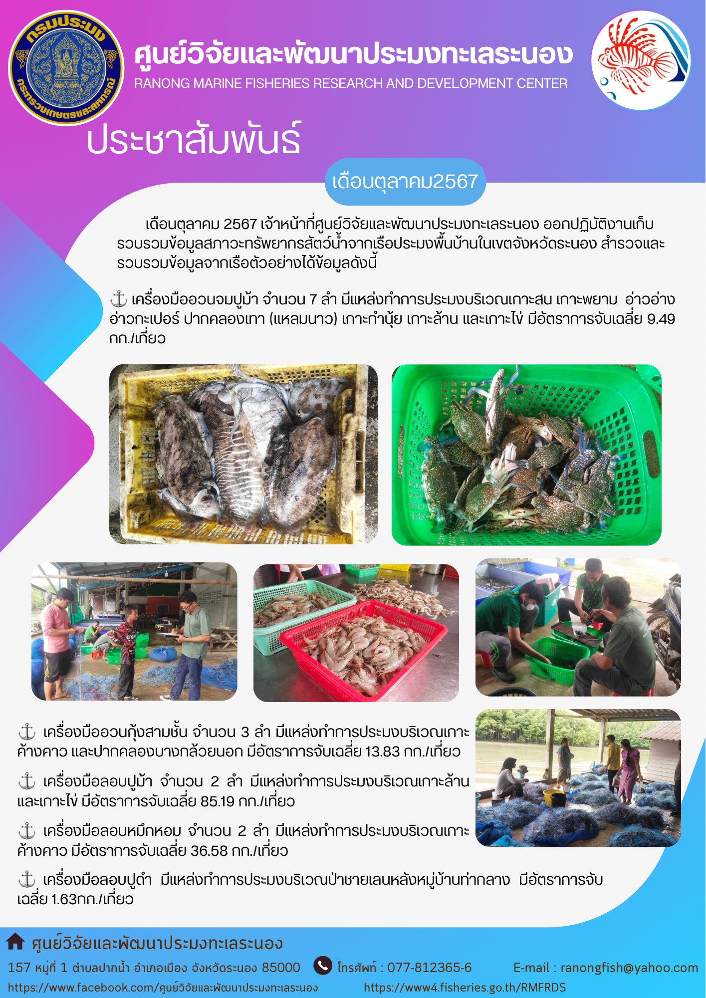 เดือนตุลาคม 2567 เจ้าหน้าที่ศูนย์วิจัยและพัฒนาประมงทะเลระนอง ออกปฏิบัติงานเก็บรวบรวมข้อมูลสภาวะทรัพยากรสัตว์น้ำจากเรือประมงพื้นบ้านในเขตจังหวัดระนอง