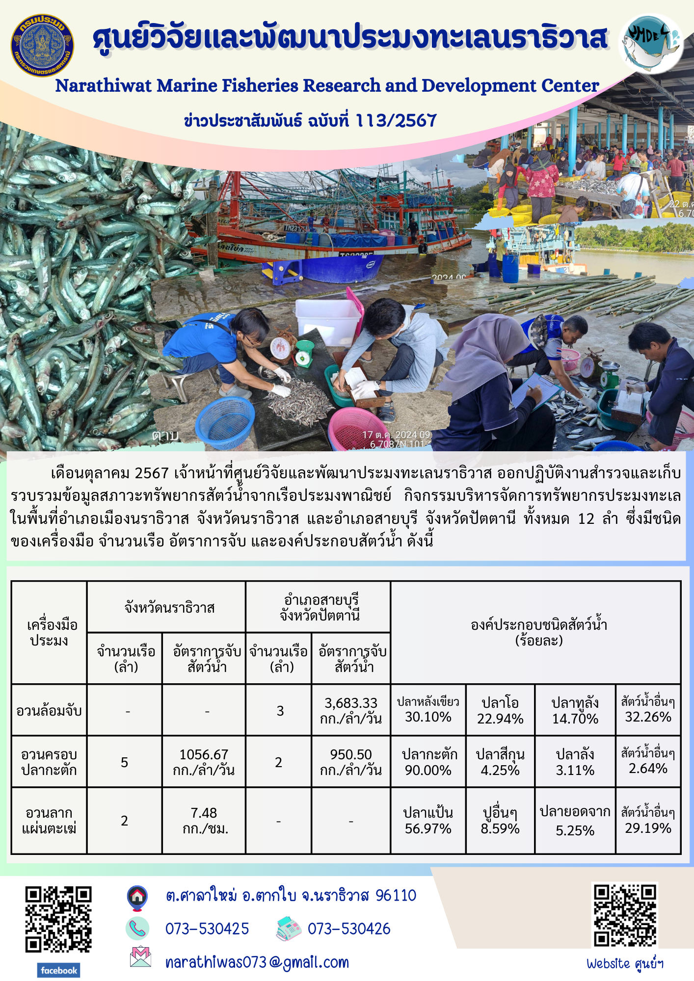 เดือนตุลาคม 2567 เจ้าหน้าที่ศูนย์วิจัยและพัฒนาประมงทะเลนราธิวาส ออกปฏิบัติงานสำรวจและเก็บรวบรวมข้อมูลสภาวะทรัพยากรสัตว์น้ำจากเรือประมงพาณิชย์..คลิก