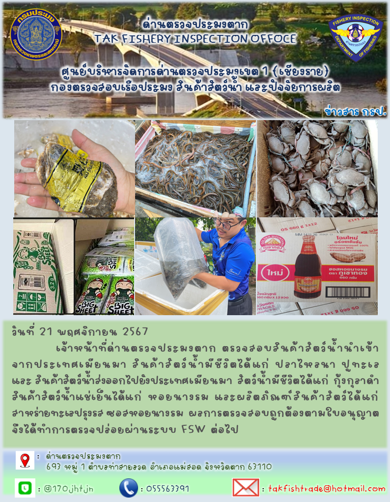 วันที่ 21 พฤศจิกายน 2567           เจ้าหน้าที่ด่านตรวจประมงตาก ตรวจสอบสินค้าสัตว์น้ำนำเข้าจากประเทศเมียนมา สินค้าสัตว์น้ำมีชีวิตได้แก่ ปลาไหลนา ปูทะเลและ สินค้าสัตว์น้ำส่งออกไปยังประเทศเมียนมา สัตว์น้ำมีชีวิตได้แก่ กุ้งกุลาดำ สินค้าสัตว์น้ำแช่เย็นได้แก่ หอยนางรม และผลิตภัณฑ์สินค้าสัตว์ได้แก่ สาหร่ายทะเลปรุงรส ซอสหอยนางรม ผลการตรวจสอบถูกต้องตามใบอนุญาต จึงได้ทำการตรวจปล่อยผ่านระบบ FSW ต่อไป..คลิก