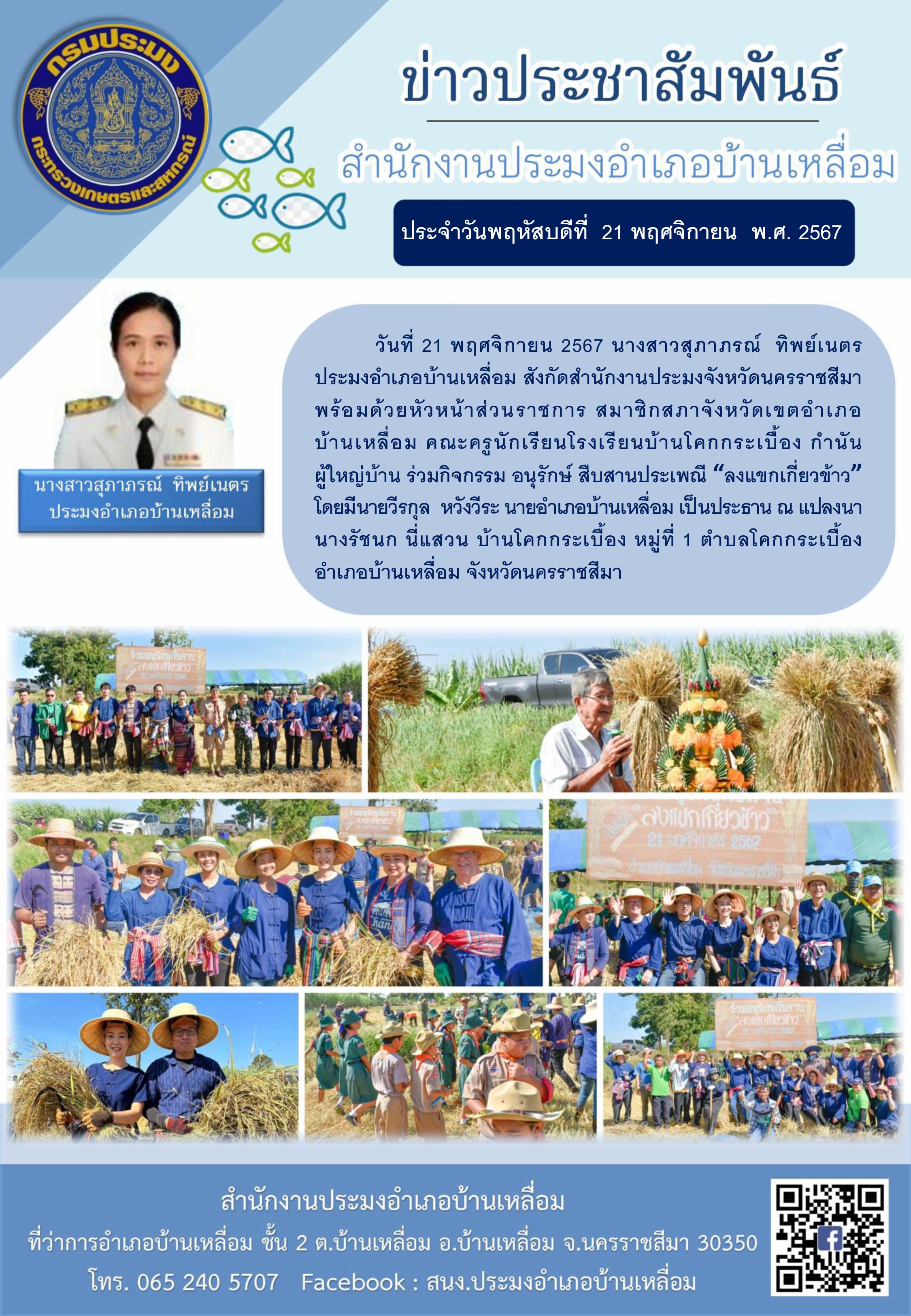 วันที่ 21 พฤศจิกายน 2567 ประมงอำเภอบ้านเหลื่อม ร่วมกิจกรรมอนุรักษ์สืบสานประเพณี 